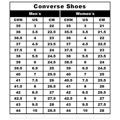 converse sneakers size chart